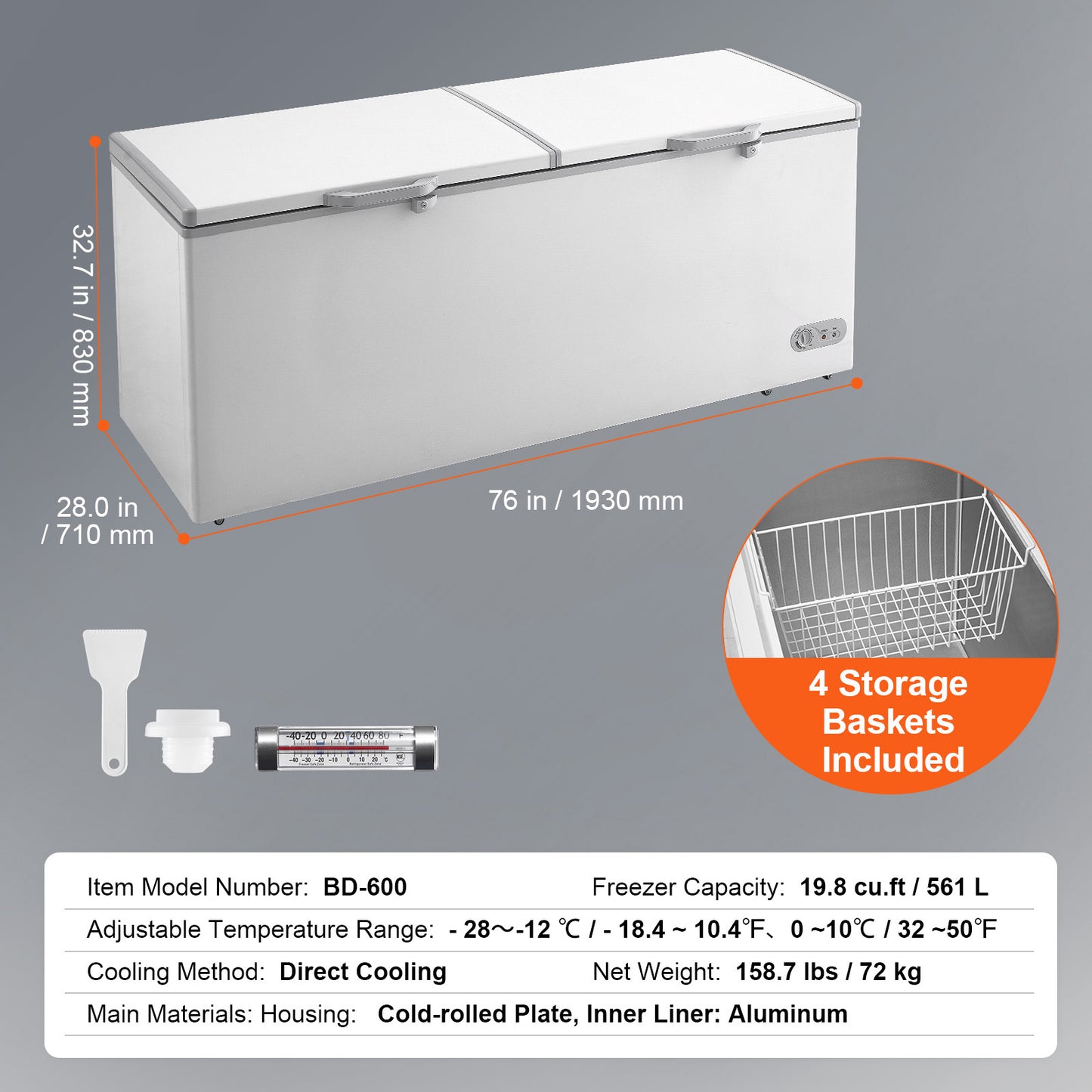 Vriezer – Diepvrieskist – Vrieskast – Diepvriezer – Vrieskist – Grote 561L Inhoud – Instelbare Thermostaat