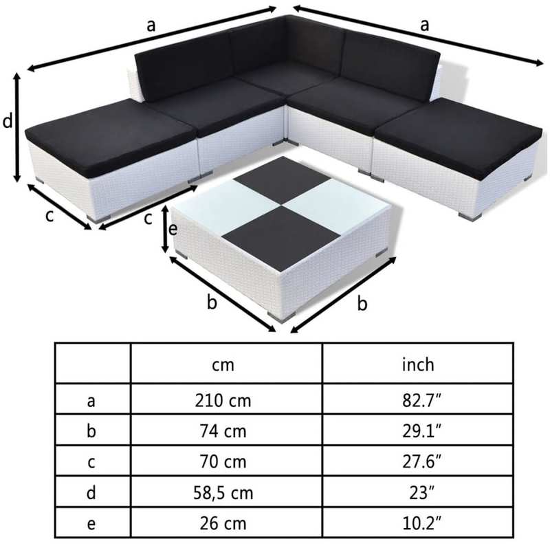 6-delige Tuinset – Buitenmeubelset – Loungeset – Hoekbank Set – Balkonmeubelen – Wit-Zwart Kussenontwerp – Weerbestendig Poly Rattan – Comfortabele Zitkussens