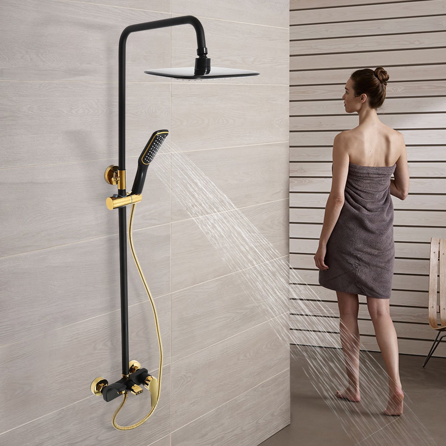 Doucheset – Douchesysteem – Regendouche – Douchepaneel – Douchekraan – Verstelbare Hoogte – Zwart Goud – RVS & Messing – Handdouche & Wandkraan