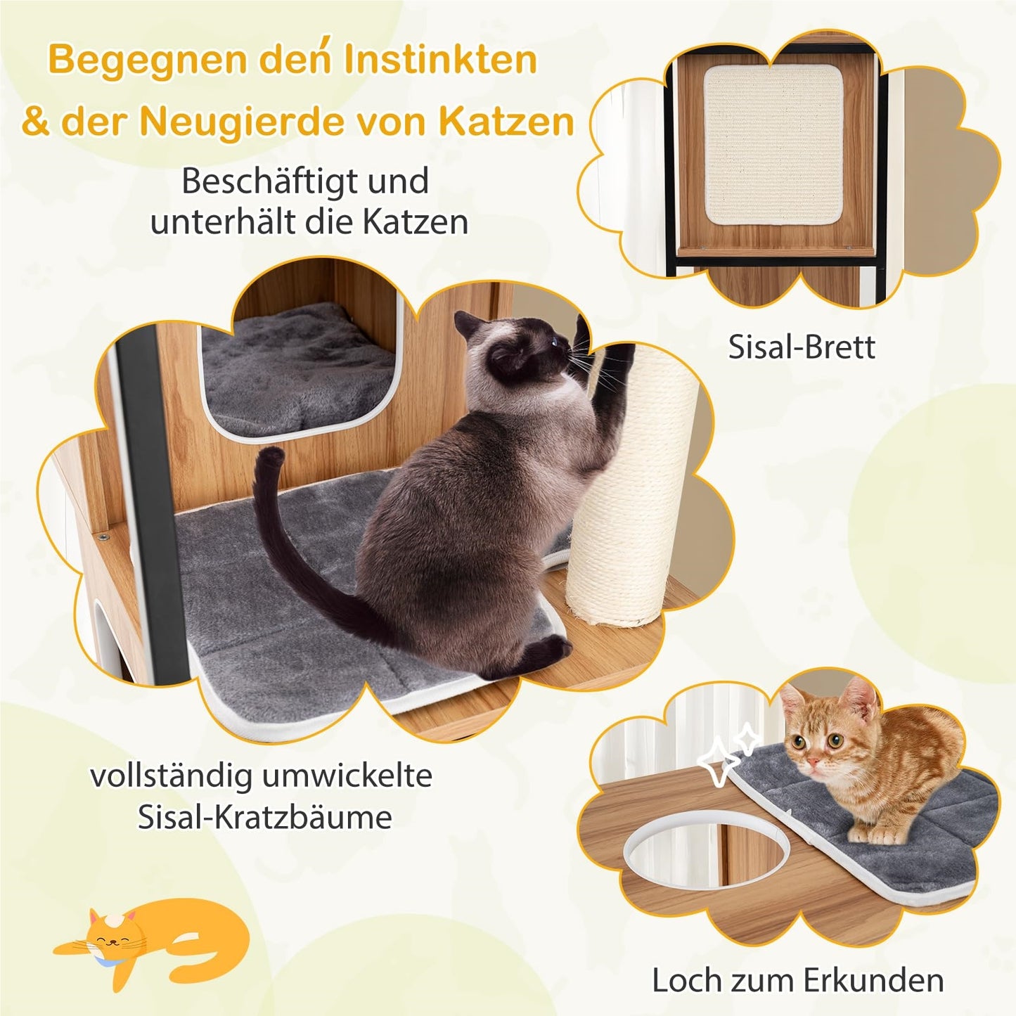 Kattenklimpaal – Krabpaal – Kattenhuis – Kattenmeubel – Klimmeubel – 3 Verdiepingen Met Krabvlak – Verwijderbare Kussens – Metaalframe – Natuurlijk
