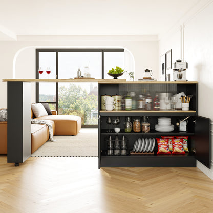 Modern 360° Rotating Bar Table with Glass Shelves - Multifunctional Kitchen & Dining Sideboard, 90x45x100cm, Easy Assembly, No Power Needed, Sleek Black Design for Contemporary Spaces, Kitchen Storage Solution, Minimalist Fu