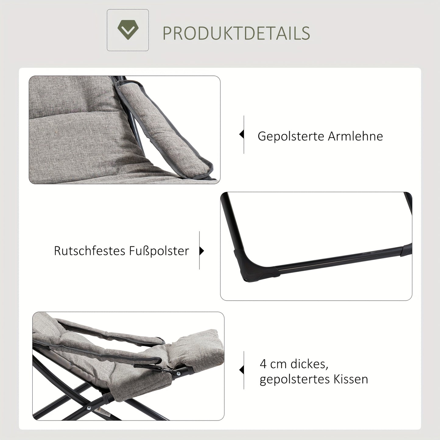 Opvouwbare Stoel – Klapstoel – Zitstoel – Binnenstoel – Relaxstoel – Verwijderbaar Kussen – Stevig Stalen Frame – Grijs – 66x94x79 cm