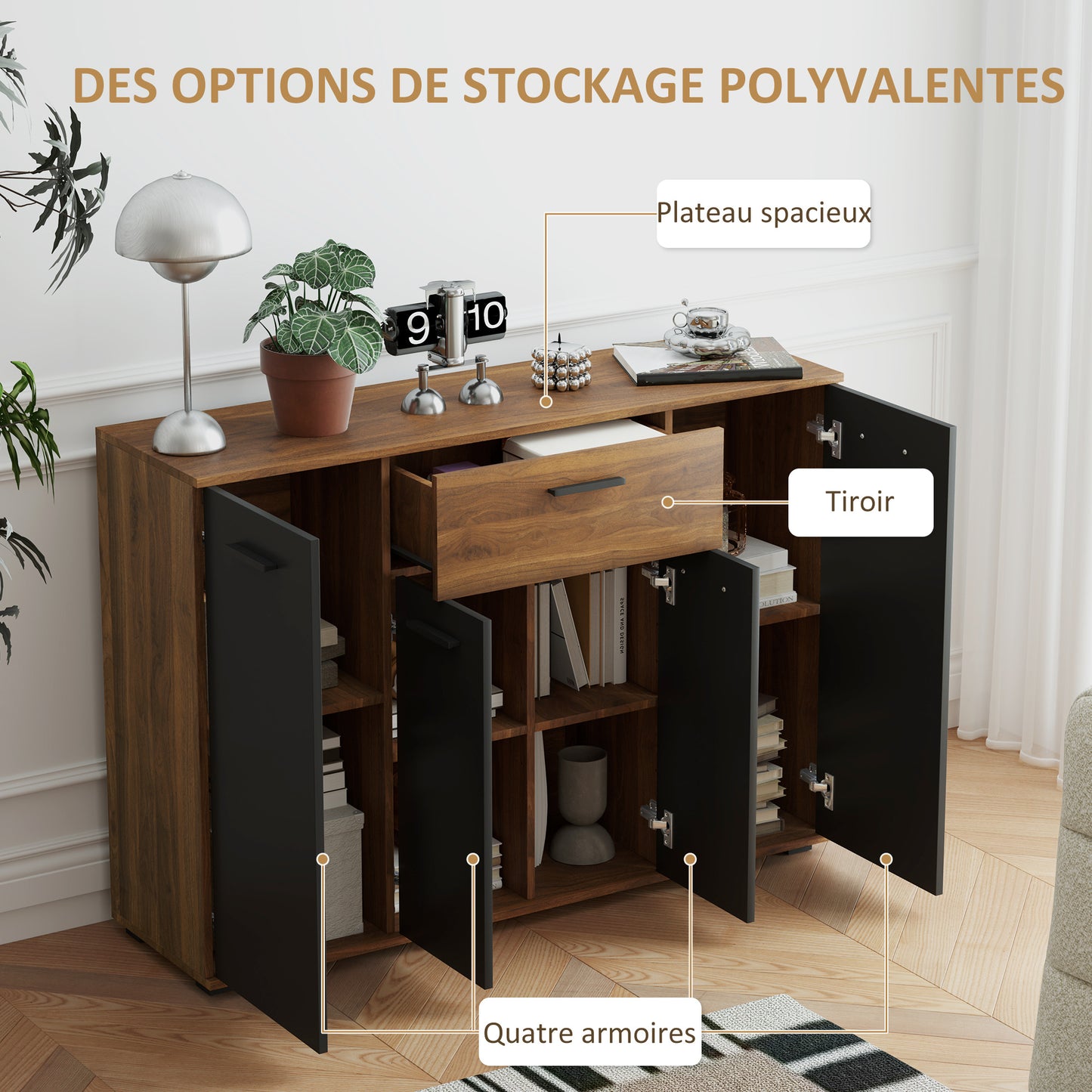 Buffetkast – Dressoir – Opbergkast – Kast – Sideboard – Bruin Zwart Kleurblok – 4 Kasten Met Lade En Verstelbare Planken – Afmetingen 120x35x85 cm