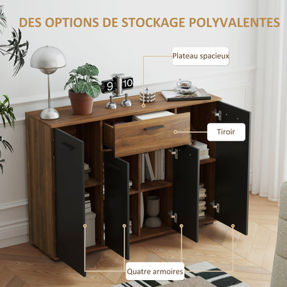 Buffetkast – Dressoir – Opbergkast – Kast – Sideboard – Bruin Zwart Kleurblok – 4 Kasten Met Lade En Verstelbare Planken – Afmetingen 120x35x85 cm