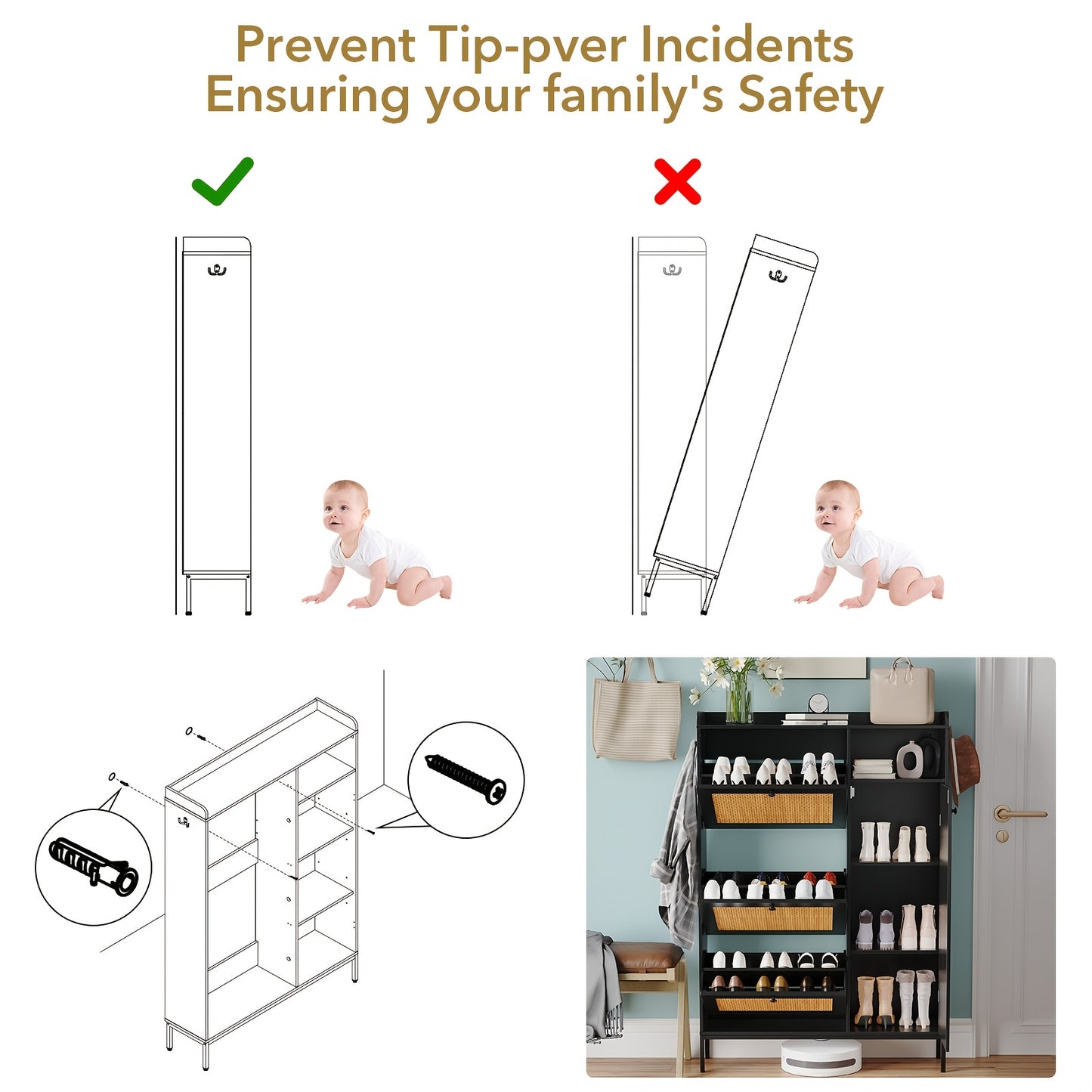 Schoenenkast – Schoenopberger – Schoenenrek – Schoenmeubel – Schoenorganizer – Smal Design Voor Hal of Slaapkamer – Drie Lagen Met Draaideurtjes en Verstelbare Planken – Vintage Kleur