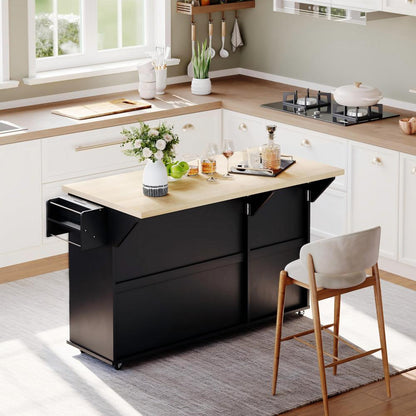 Keukeneiland – Keukentrolley – Keukenkast – Serveerwagen – Keukenwagen – Matzwart – Inklapbaar Werkblad – Lockbare Wieltjes – 137x89,5x45 cm