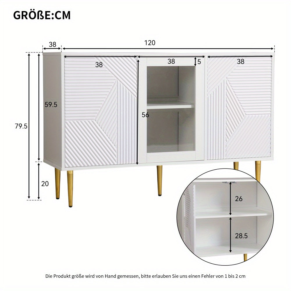 Dressoir – Sideboard – Opbergkast – Kast – Buffetkast – Modern – Glazen Deuren – Wit Met Gouden Pootjes