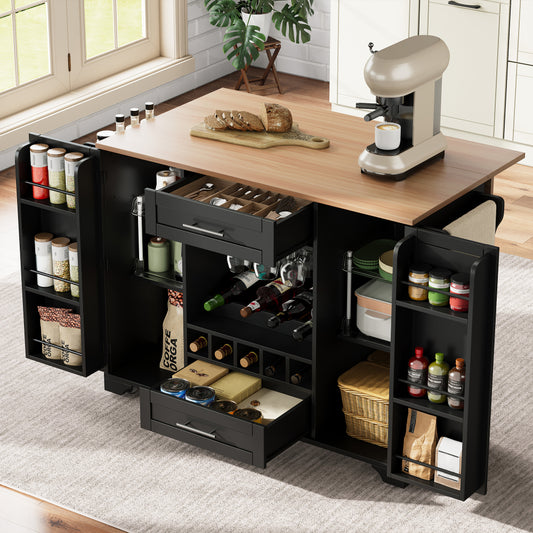 Keukentrolley – Keukenkar – Serveerwagen – Keukenwagen – Opbergtrolley – Mobiel met Wieltjes – Inklapbaar Werkblad – Wijnrek & Kruidenrek – 120x45/70x92 cm – Zwart