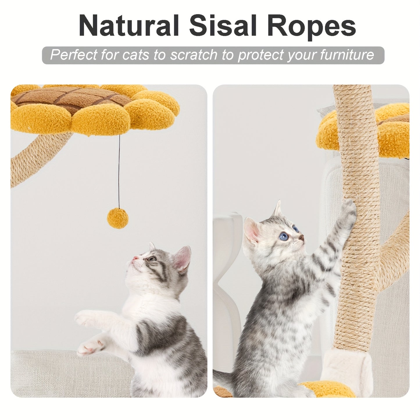 141.99cm Tall Sunflower Cat Tower for Large Cats - Sturdy Alloy Multi-Level Cat Tree with 4 Plush Flower Perches, Sisal Scratching Posts & Hanging - Modern Indoor Activity Center for Play & Relaxation, Cute Cat Tree, Feline A