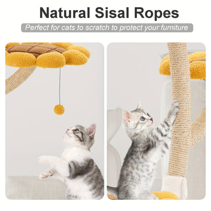 141.99cm Tall Sunflower Cat Tower for Large Cats - Sturdy Alloy Multi-Level Cat Tree with 4 Plush Flower Perches, Sisal Scratching Posts & Hanging - Modern Indoor Activity Center for Play & Relaxation, Cute Cat Tree, Feline A