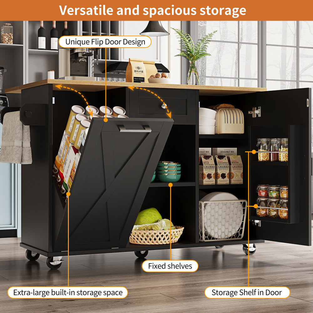 Keukeneiland – Keukentrolley – Keukenkast – Serveerwagen – Buffetkast – Zwart Retro Design – Ruime Opbergruimte – Duurzame MDF & Metaal – Ruimtebesparend Zonder Elektriciteit