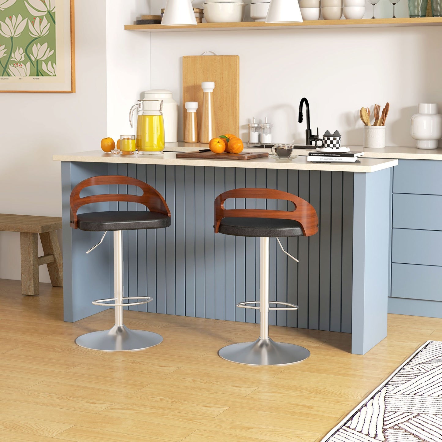Barkrukken – Barstoelen – Krukken – Hoge Stoelen – Set Van 2 – Verstelbare Hoogte – 360° Draaibaar – PU Leder Zitting – Houtlook Rugleuning – Bruin/Zwart/Chroom