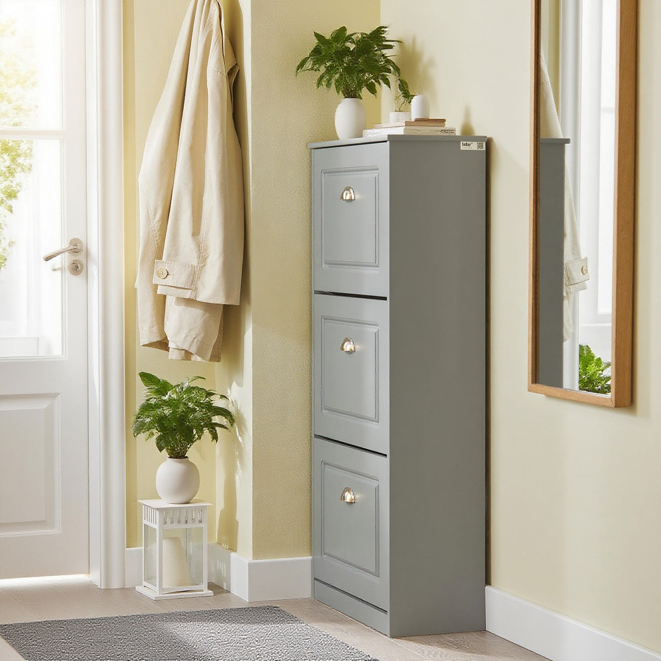 Schoenenkast – Schoenenrek – Opbergmeubel – Schoenenkast – Schoenencommode – 3-Deurs Design – Compact 53x24x117 cm – Hoogwaardig E1 MDF Grijs