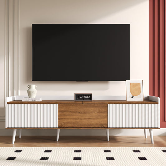 TV cabinet, TV table, TV stand, three door cabinet, compact design, white and natural wood grain finish, height 49.5cm * length 160cm * width 39cm,  Media Storage, Sleek Cabinet, Modern Design, Easy Assembly, Console Table, D