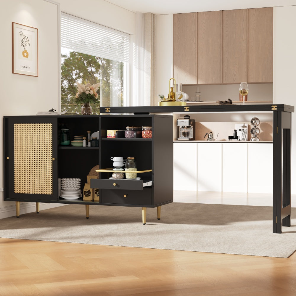 Modern Black Metal Storage Island with 360° Rotating Tabletop, Extendable Design, Wicker Doors & Open Shelves - 107 x 40 x 71.4cm, Perfect for Kitchen and Dining Room Organization, Kitchen Storage Solution | Sleek Metallic F