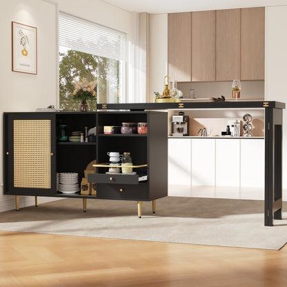 Modern Black Metal Storage Island with 360° Rotating Tabletop, Extendable Design, Wicker Doors & Open Shelves - 107 x 40 x 71.4cm, Perfect for Kitchen and Dining Room Organization, Kitchen Storage Solution | Sleek Metallic F