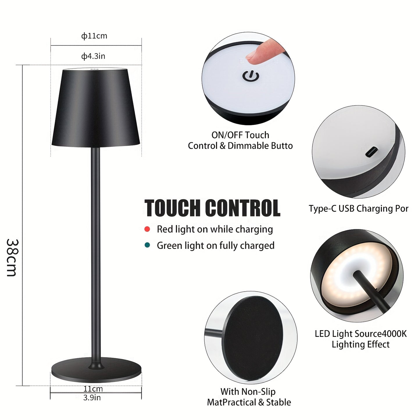 Draadloze Tafellamp – LED Lamp – Bureauverlichting – Nachtlampje – Oplaadbare Lamp – Set 4 Stuks Zwart – 7000 mAh Batterij – Touch Bedienbaar
