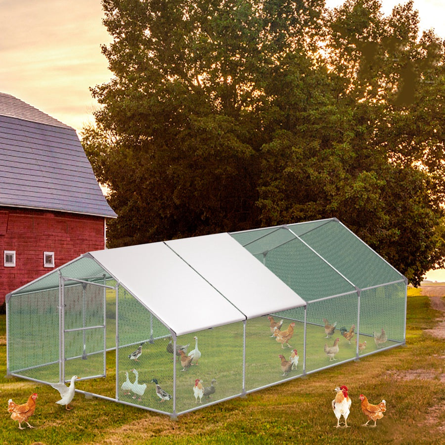 Kippenren – Kippenhok – Pluimveehok – Kippenren Buiten – Dierenren – 3x8x2m – Gegalvaniseerd Stalen Frame – PE Zonnescherm UV-Bestendig