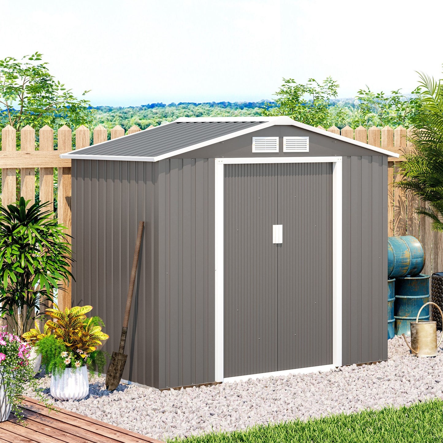 Tuinhuisje – Tuinkast – Tuinberging – Tuinopslag – Gereedschapsschuur – Grijs – Gegalvaniseerd Stalen Frame – Weerbestendig Met Schuifdeuren – 213x130x185 cm