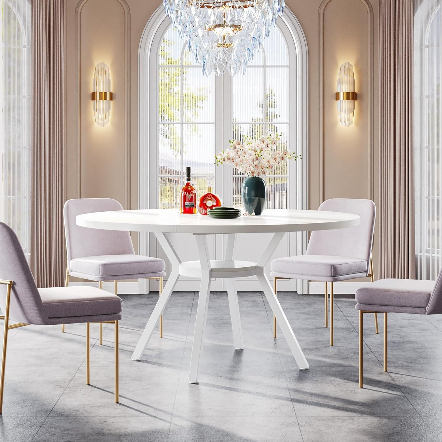 Ronde Eettafel – Kleine Keukentafel – Ronde Tafel – Eetkamertafel – Witte Tafel – Voor 4 Personen – 119 cm Diameter – MDF Met Metaal