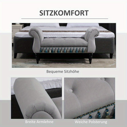 Bankje – Zitbank – Sitzbank – Halbankje – Opbergbank – Gestoffeerd Vintage Design – Grijze Polyester Bekleding – Stevig Houten Frame – 117x40x58 cm
