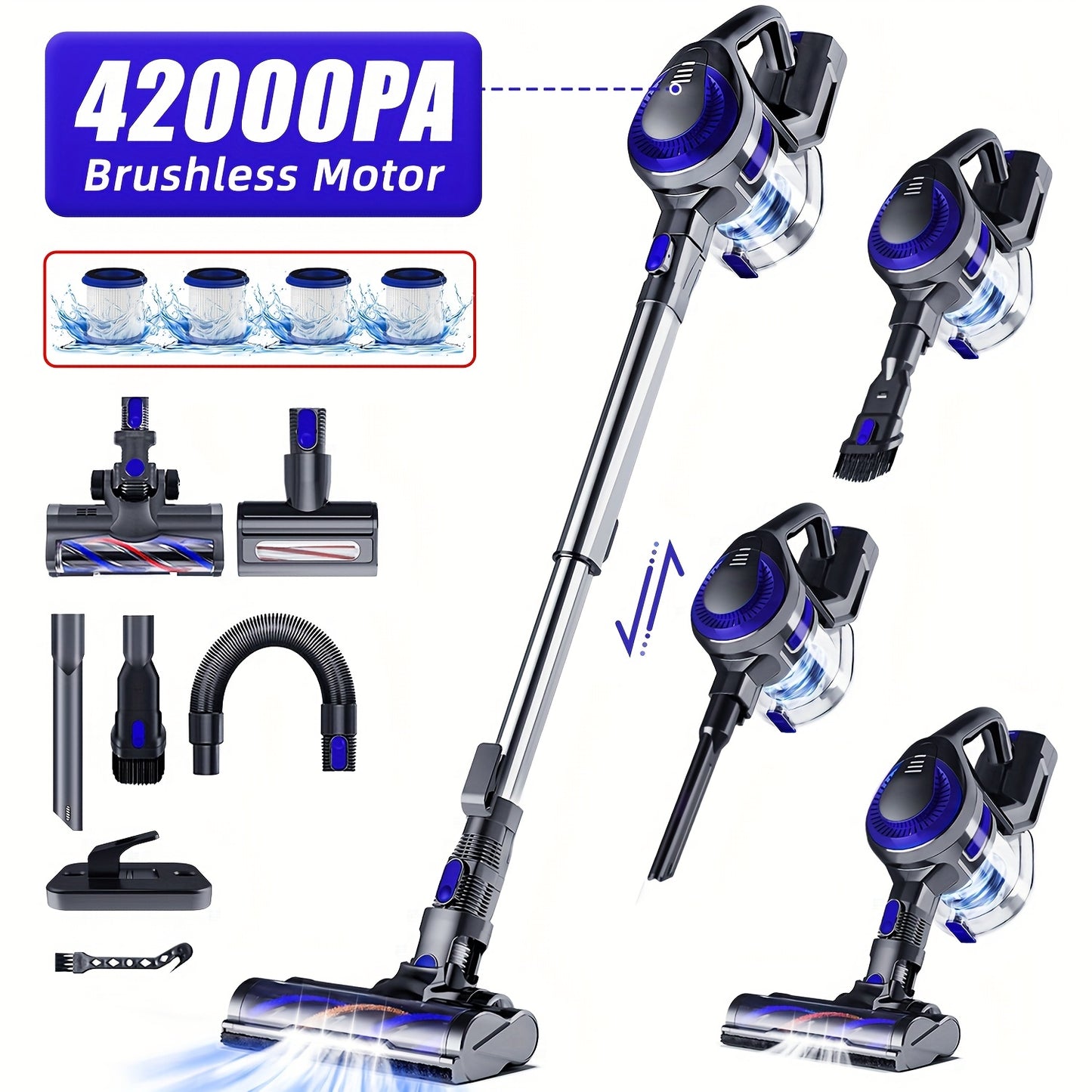 Cordless Vacuum Cleaner 42000pa- Versatile 8-in-1 Upright Vacuum Cleaner- Brushless Motor - 55 Minute Auto Run - Removable Battery.