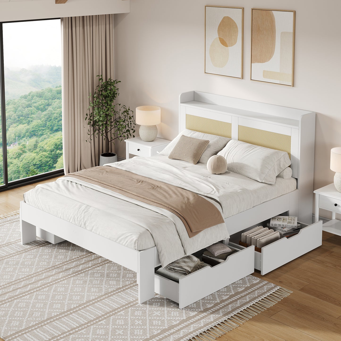 Bedkasten – Opbergbed – Tweepersoonsbed – Massief Houten Bed – Opbergladen – 140x200 cm – Rattan Decoratie – Ruime Opberglades