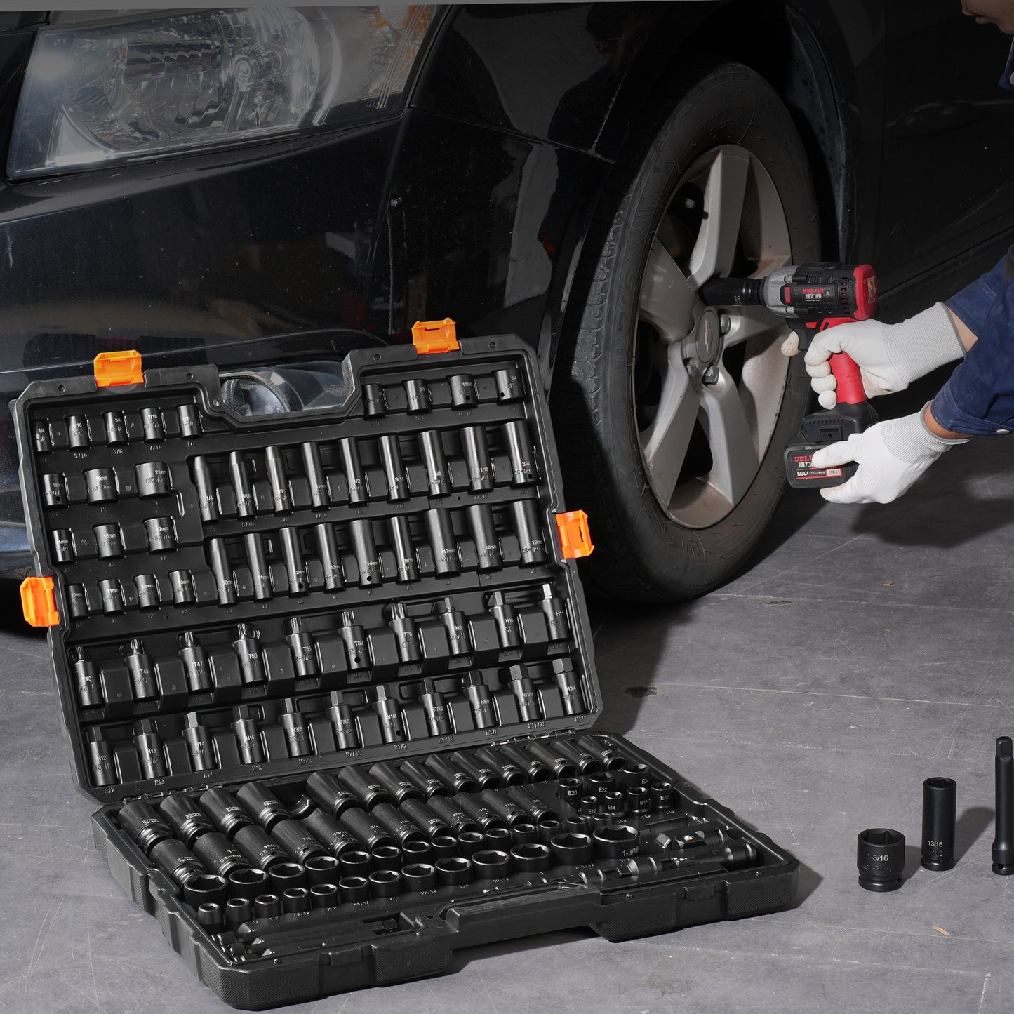 Impact Socket Set – Slagmoersleutel Set – Dopsleutel Set – Ratelsleutel Set – Steeksleutel Set – Cr-Mo Legeringsstaal – 120 Delen Metrisch & SAE – Zwarte Koffer