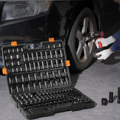 Impact Socket Set – Slagmoersleutel Set – Dopsleutel Set – Ratelsleutel Set – Steeksleutel Set – Cr-Mo Legeringsstaal – 120 Delen Metrisch & SAE – Zwarte Koffer