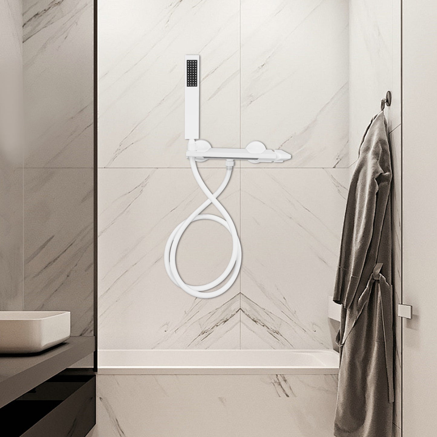 Modern White Waterfall Bath Tap with Hand Shower - Brushed Nickel Finish Bathtub Faucet, Single Handle Control, Wall-Mounted Design, Easy Installation with Included Hardware, Durable & Corrosion-Resistant for Spa-Like Bathing