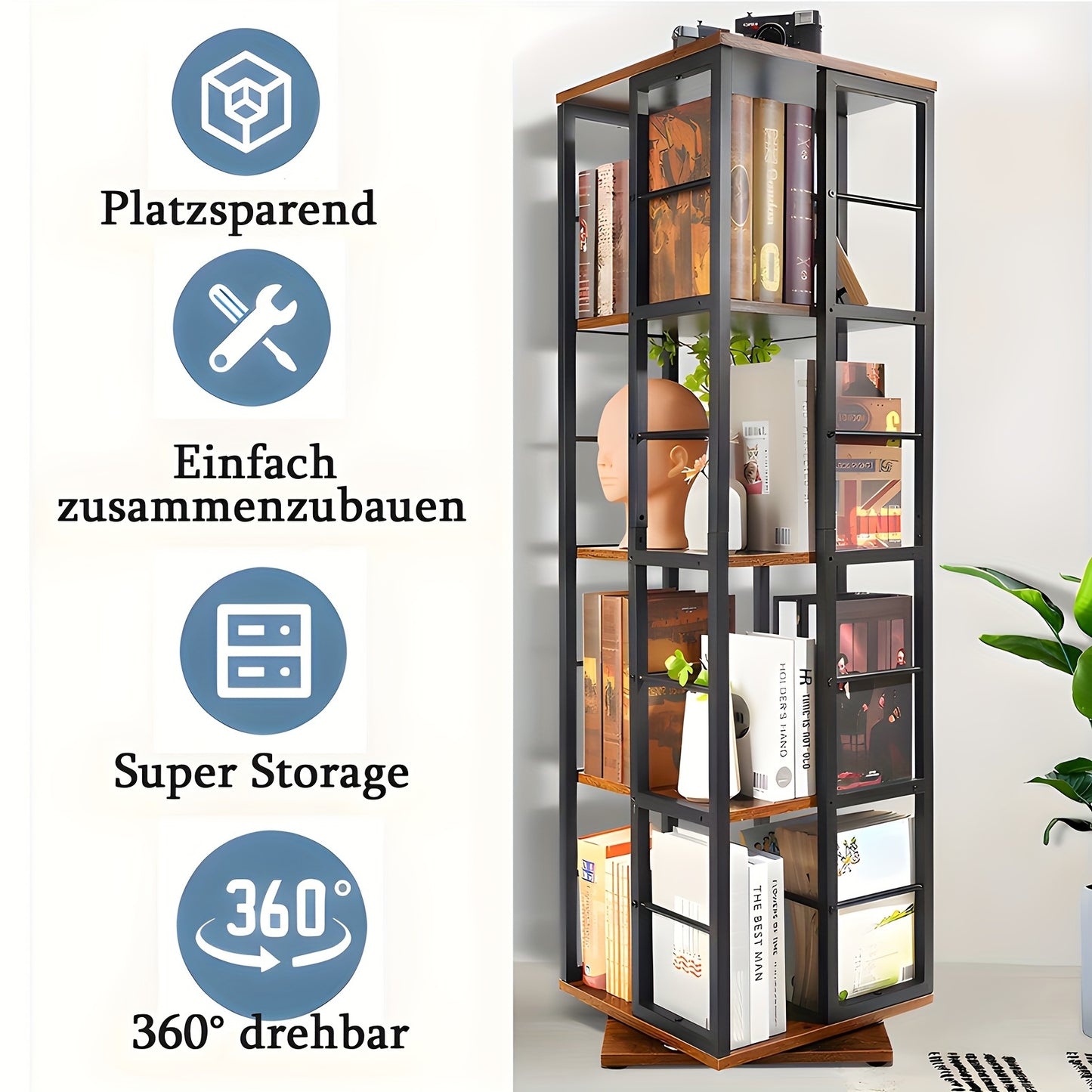 Draaibare Boekenkast – Boekenrek – Vakkenkast – Opbergkast – Plank – Zwart + Bruin – 5 Laags Met 360° Draaifunctie – Stevig MDF En Metaal – Compact En Vrijstaand Ontwerp