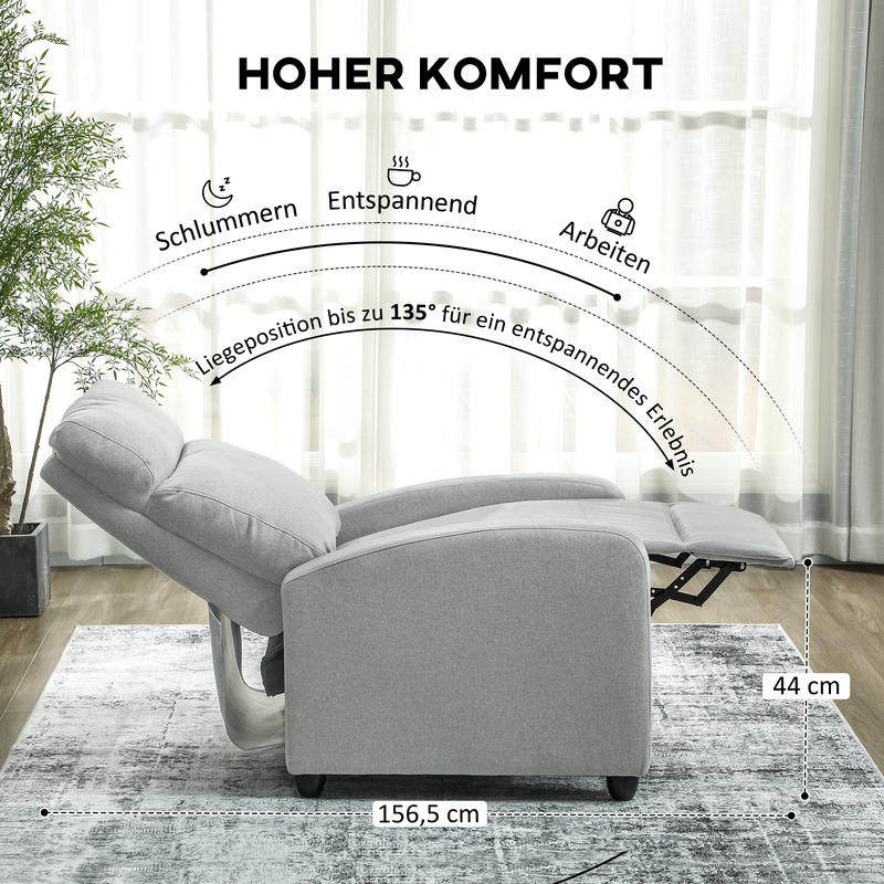 Relaxfauteuil – Lounge Chair – Verstelbare Fauteuil – Relaxstoel – Zitfauteuil – Lichtgrijs – Handmatig Kantelbaar Tot 135° – Uitschuifbare Voetensteun