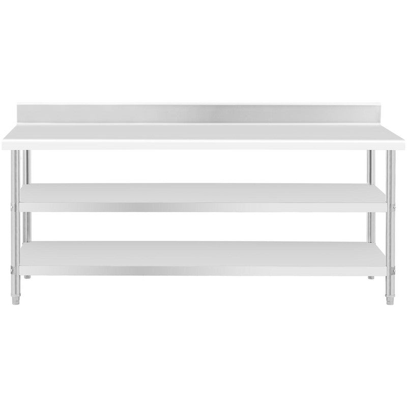 Werktafel RVS – Roestvrijstalen Werkbank – Werktafel Met Opstaande Rand – Opbergtafel – Werktafel Met Planken – 200x70 cm – Robuust RVS Met 2 Opbergniveaus