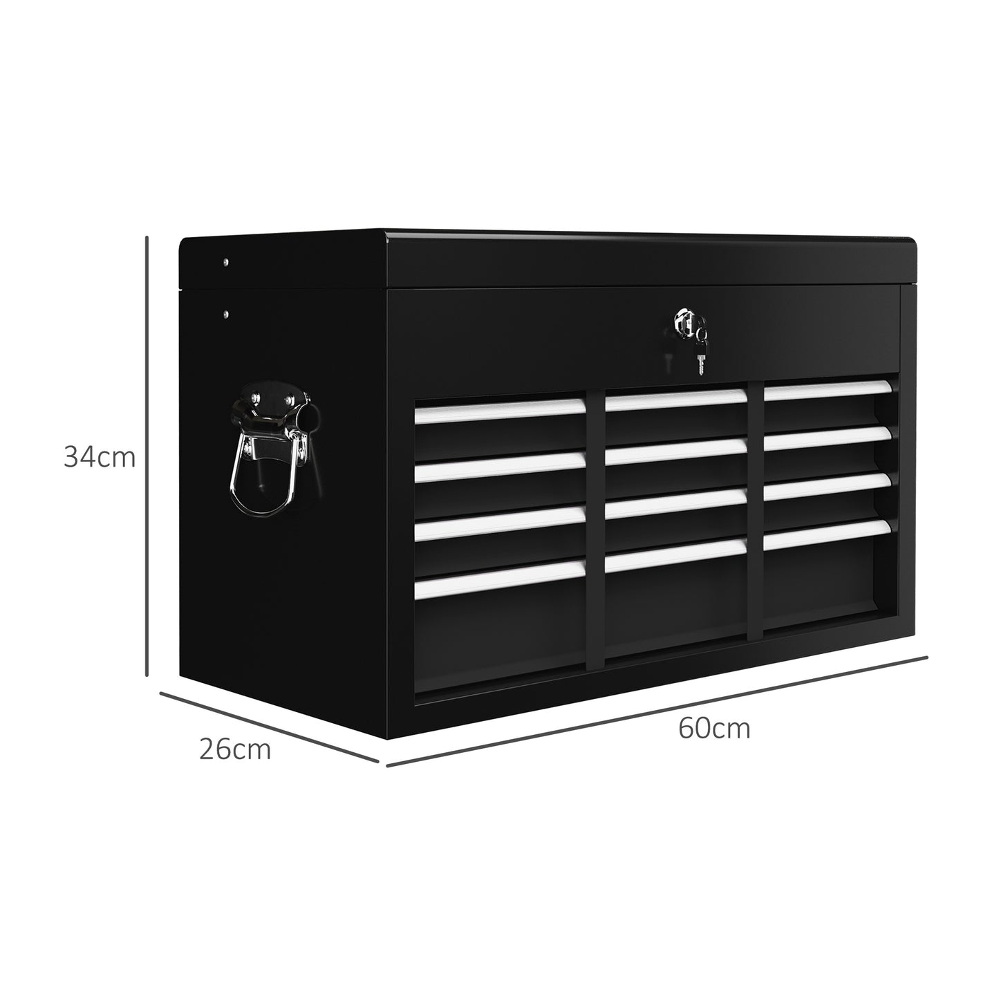Gereedschapskist – Gereedschapsbox – Opbergkist – Werkplaatskist – Toolkist – Zwart Staal – Afsluitbaar Met 3 Lades – 60x26x34 cm Compact