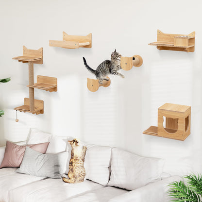 Wandmontage Kattenmeubelset – Kattenkrabpaal – Kattenboom – Kattenhuisje – Kattenhangmat – Modulaire Opbouw – Duurzaam Multiplex & Jute – Inclusief Voederplateau met Roestvrijstalen Bakken