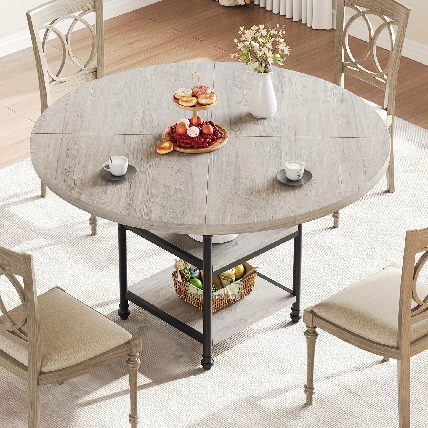 Ronde Eettafel – Dining Table – Tafel – Keukentafel – Eetkamertafel – Grijs – 2-laags Opbergruimte – Stevig Metalen Frame