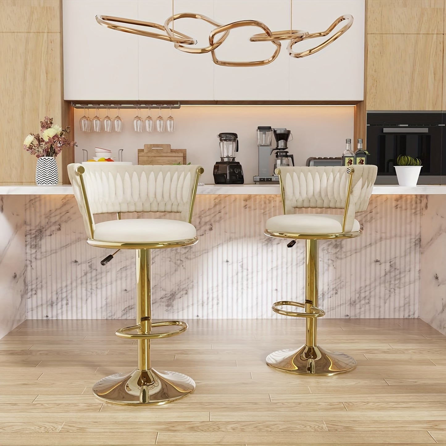 Set van 2 Barstoelen met Gevlochten Rugleuning – Velvet Keukenkrukken, Hoog, Verstelbaar en Draaibaar – Zilverkleurige Barkrukken voor Keuken of Bar
