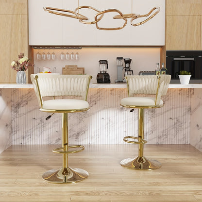 Set van 2 Barstoelen met Gevlochten Rugleuning – Velvet Keukenkrukken, Hoog, Verstelbaar en Draaibaar – Zilverkleurige Barkrukken voor Keuken of Bar