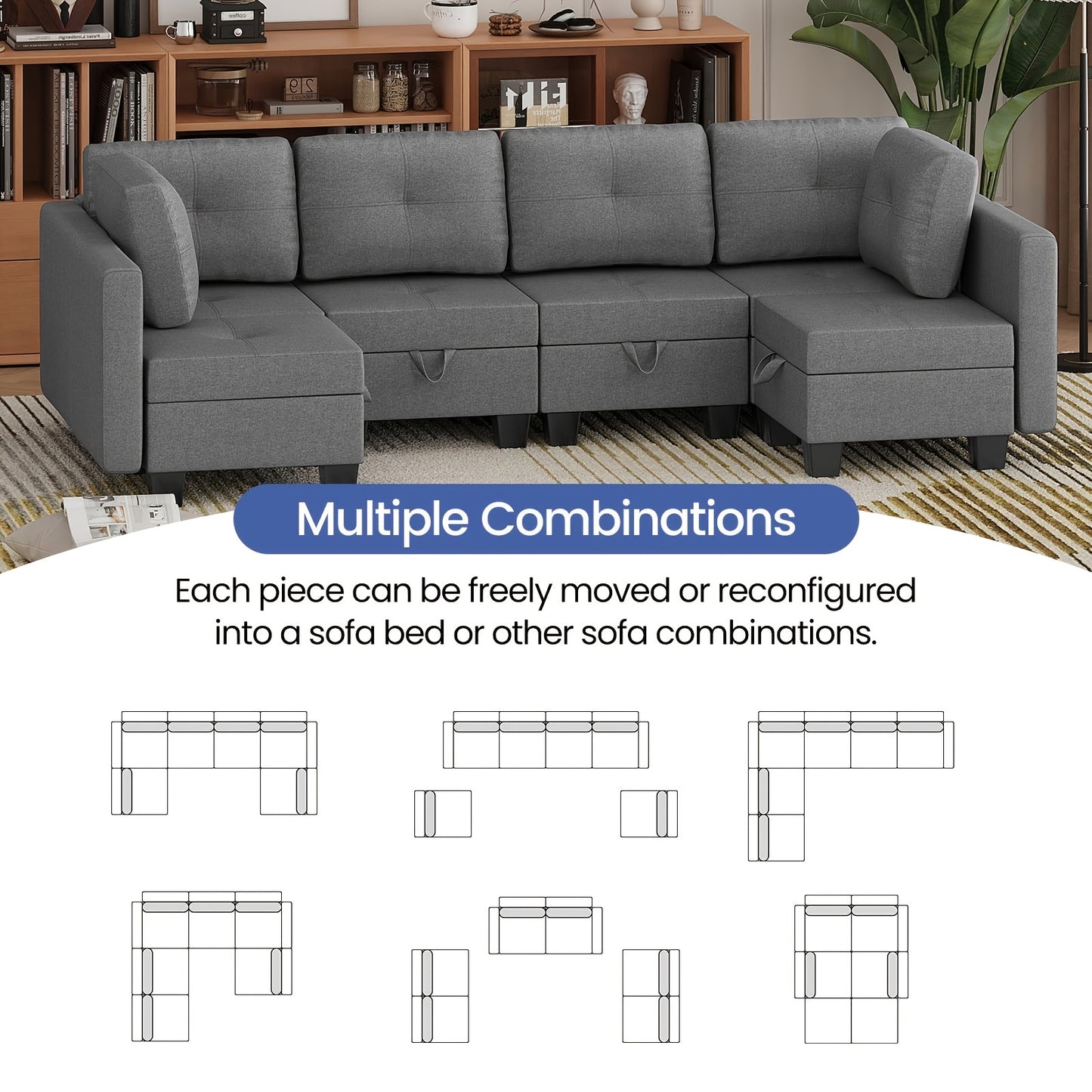 Modulaire U-vormige Hoekbank – Sectional Bank – L-vormige Sofa – Zitbank Met Opbergruimte – Slaapbank – Memoryfoam Zitting – Verwijderbare Kussens – Grijze Stoffen Bank Voor 6 Personen