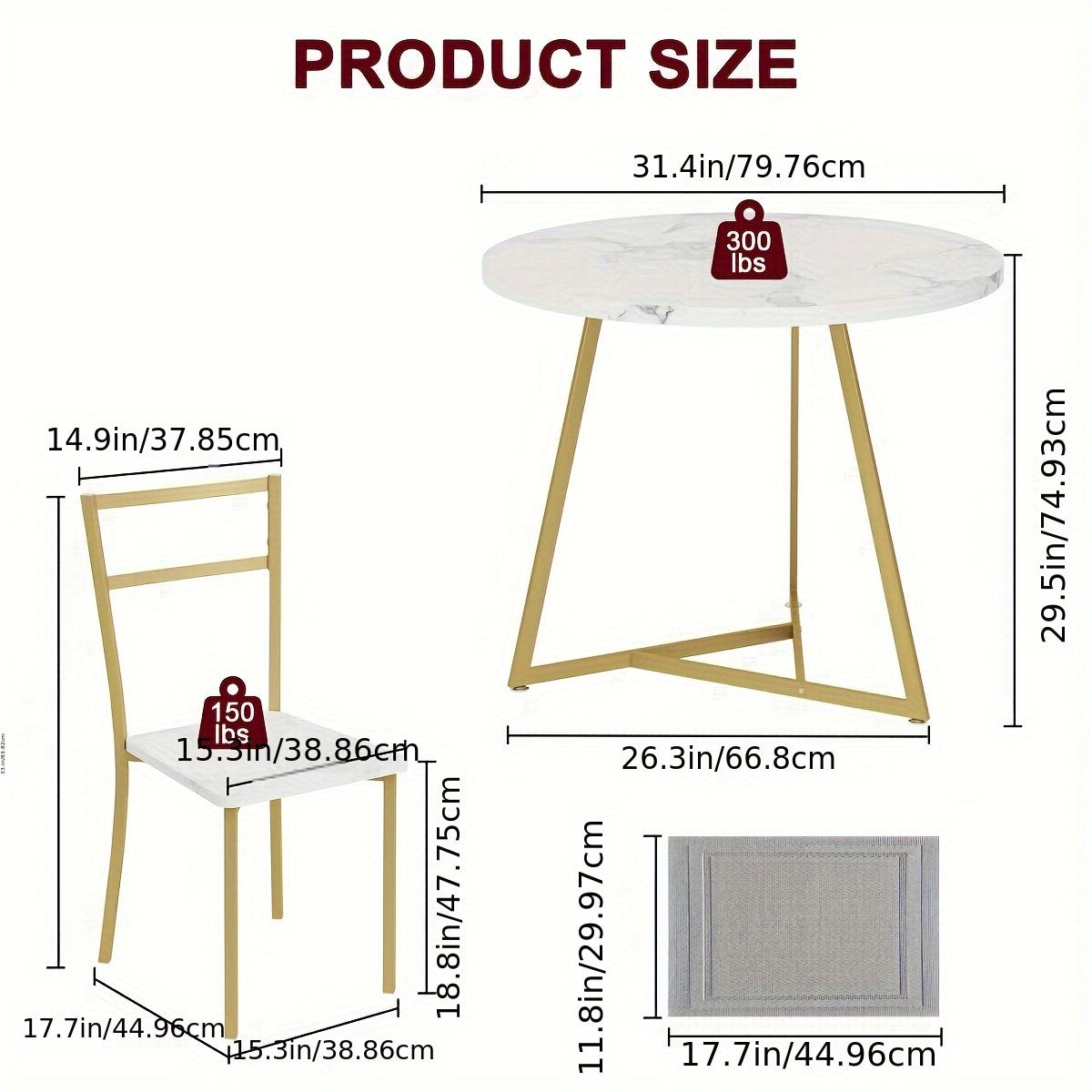 Eetkamertafel Set – Ronde Tafel – Bistro Set – Keukentafel – Dinette Set – Goudkleurig – Compact 2-Persoons – Gestoffeerde Stoelen – Stevig Stalen Frame