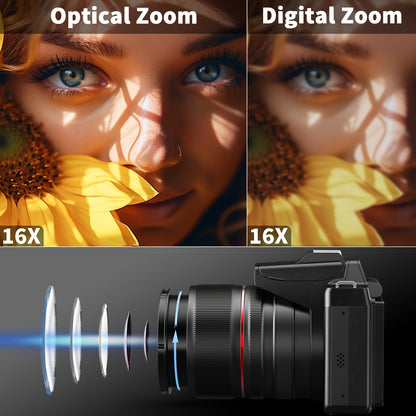 Digitale Camera – Vlogcamera – Fotocamera – Compact Camera – Zoomcamera – 64MP Sensor – 16x Optische Zoom – 180° Kantelbaar Scherm – WiFi & App-bediening – Zwart