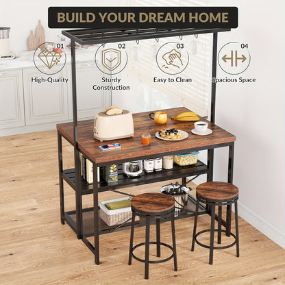 Bakers Rack – Keukenrek – Magnetronstandaard – Opbergrek – Koffiebar – Robuust Metaal – 106 cm Breed – 3-laags Met 5 Haken – Mobiel Met Wieltjes - Bruin