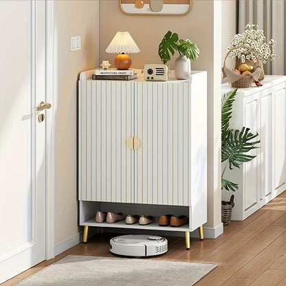 Schoenenkast – Schoenkast – Schoenenrek – Schoenenopberger – Schoenenkast Hal – Wit Bamboe – Dubbele Deuren – 3-Lagen – 20kg Draagkracht – Vrijstaand – Ruimtebesparend – 75x35x110 cm