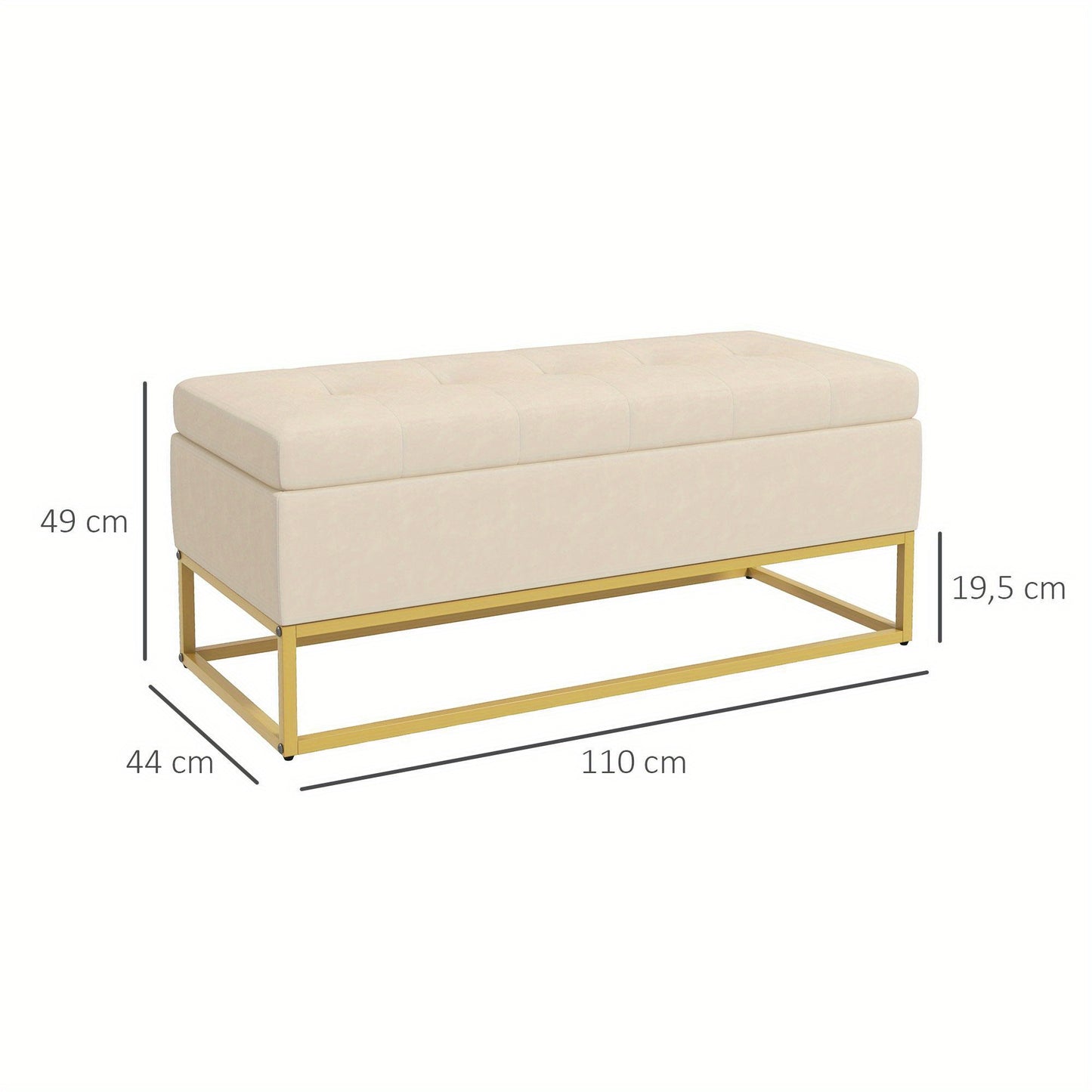 Opbergbank – Opbergmeubel – Zitbank – Halbank – Fluwelen Bank Beige – Met Opbergruimte – Goudkleurige Stalen Poten – 110x44x49 cm