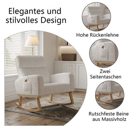 Schommelstoel – Schommelstoel Woonkamer – Relaxstoel – Schommelstoel Met Voetensteun – Lounge Stoel Wit – Wit Schapenvacht – Anti-Slip Voetjes – Comfortabele Zitting