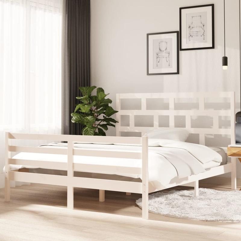 Bedframe – Bed – Ledikant – Slaapkader – Bedromp – Massief Hout – 160x200 cm – Wit Met Baksteenpatroon Hoofdbord – Eenvoudige Montage