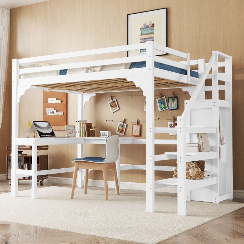 Hoogslaper – Halfhoogslaper – Stapelbed – Bedbank – Multifunctioneel Bed – 140x200 cm – Wit Metalen Frame – Met Bureau en Kledingrek – Ruimtebesparend Design