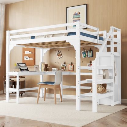 Hoogslaper – Halfhoogslaper – Stapelbed – Bedbank – Multifunctioneel Bed – 140x200 cm – Wit Metalen Frame – Met Bureau en Kledingrek – Ruimtebesparend Design