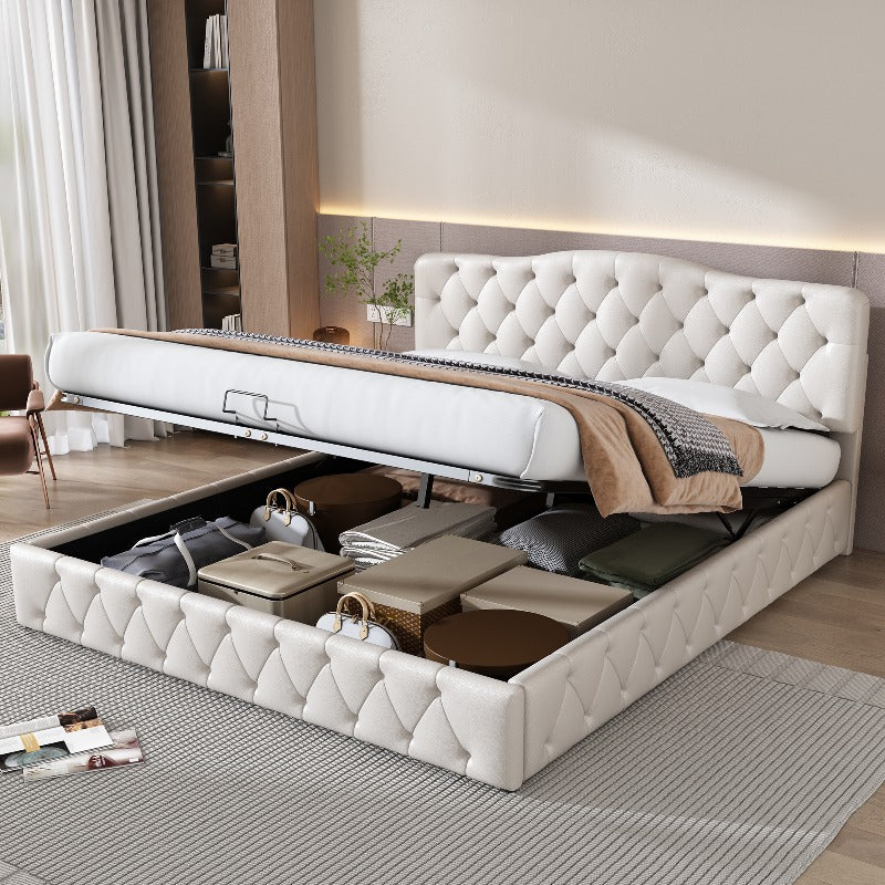 Tweepersoonsbed – Bed met Opbergruimte – Boxspring – Bedframe – Slaapbank – Matras Inclusief – Gestoffeerd Grijs – 140x200 cm – Lattenbodem van Hout