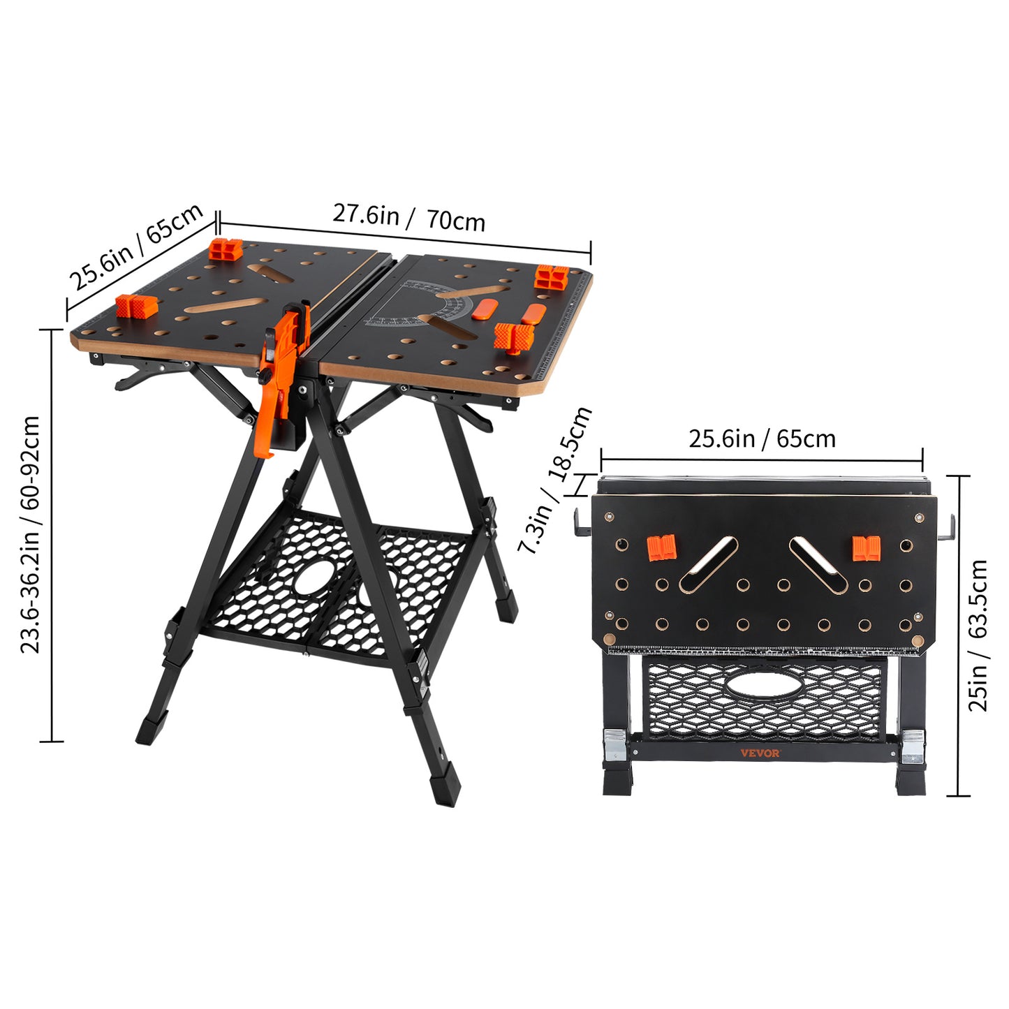 VEVOR Folding Work Table, 2-in-1 as Sawhorse & Workbench, 1000 lbs Capacity, 7 Adjustable Heights, Steel Legs, Portable Foldable Tool Stand with Wood Clamp, 4 Bench Dogs, 2 Hooks, Easy Garage Storage